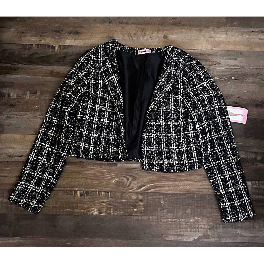 CISONO BZ89 Women's Plaid Tweed Accent Open Front Cropped Jacket Lined M